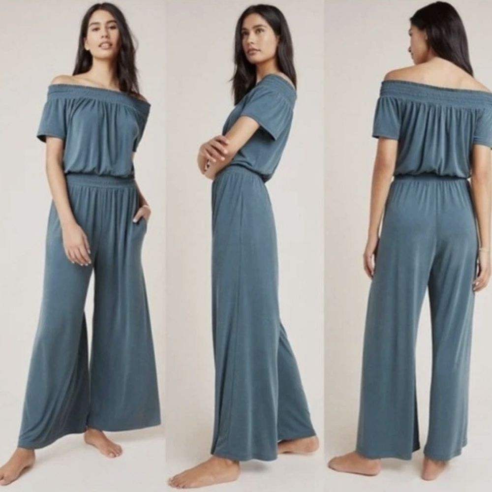 Anthropologie Saturday Sunday Rebecca Wide Leg Smock Jumpsuit Teal Size Large